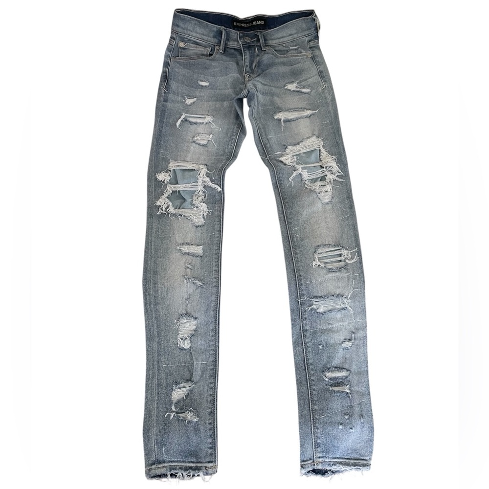 Express Blue Skinny Jeans Distressed Ripped Mid-Rise Women’s 00R - Picture 3 of 12